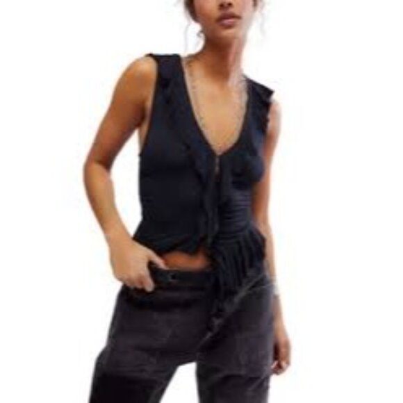Free People Ruffle Me Away Tank in Black - Picture 2 of 7